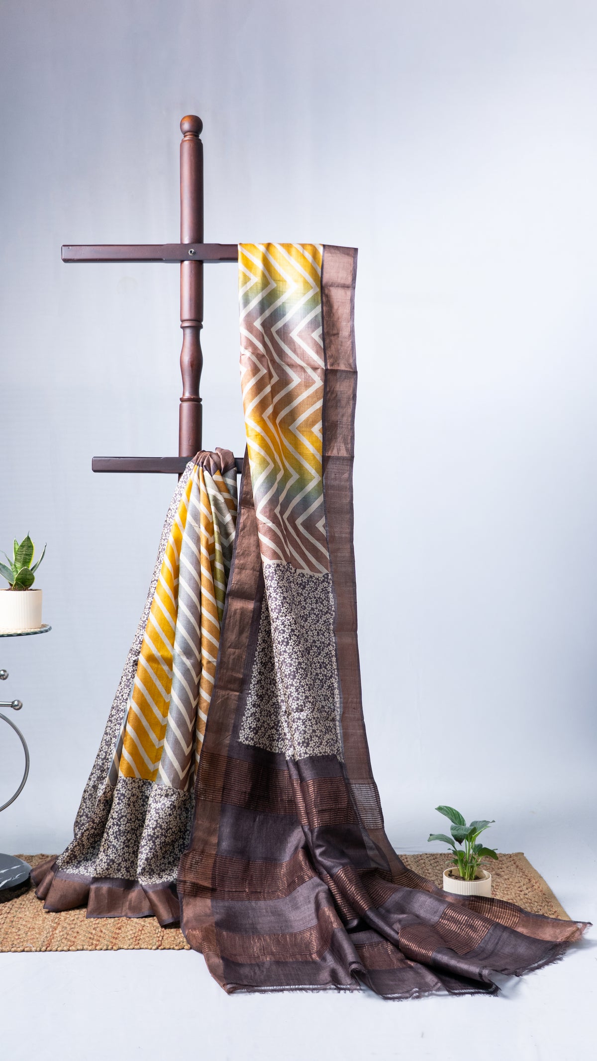 Zari Print Tussar - Brown & Lemon Yellow