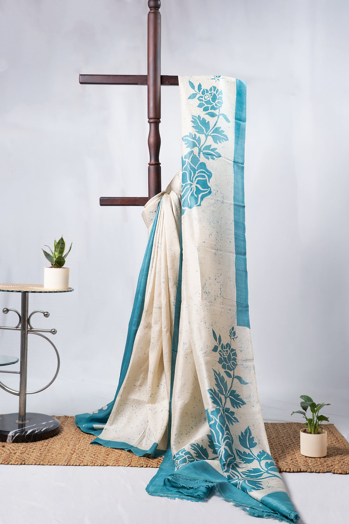 Half white Bishnupuri silk hand wax batik
