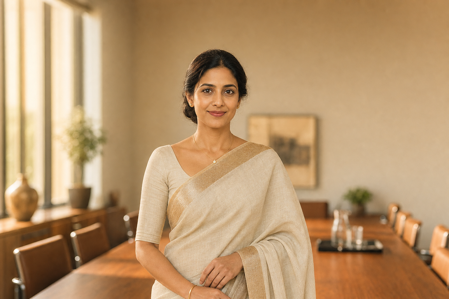 A woman in an ivory linen saree standing composed in a conference room