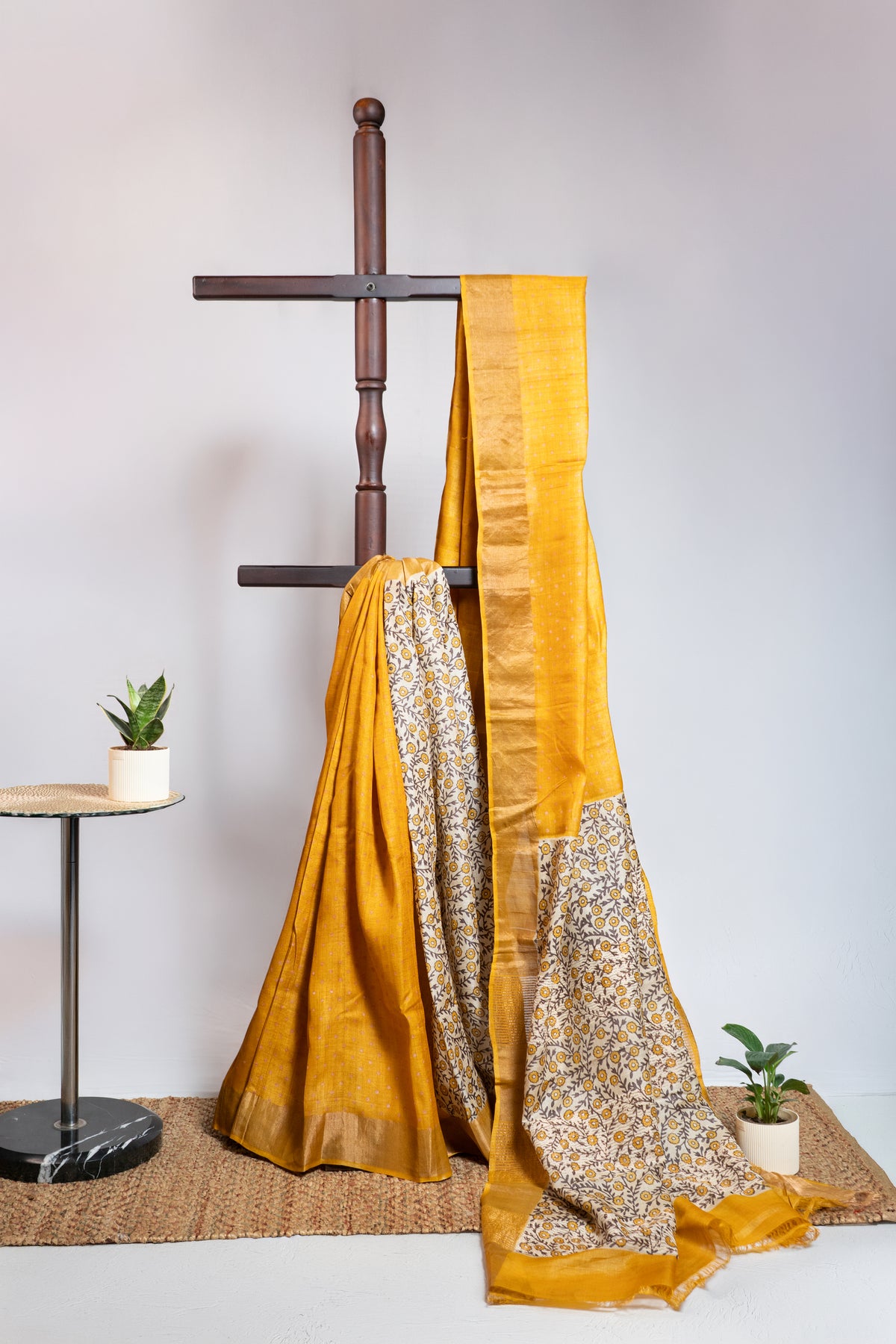 Mustard Yellow Polka Dot with Floral Printed Pallu