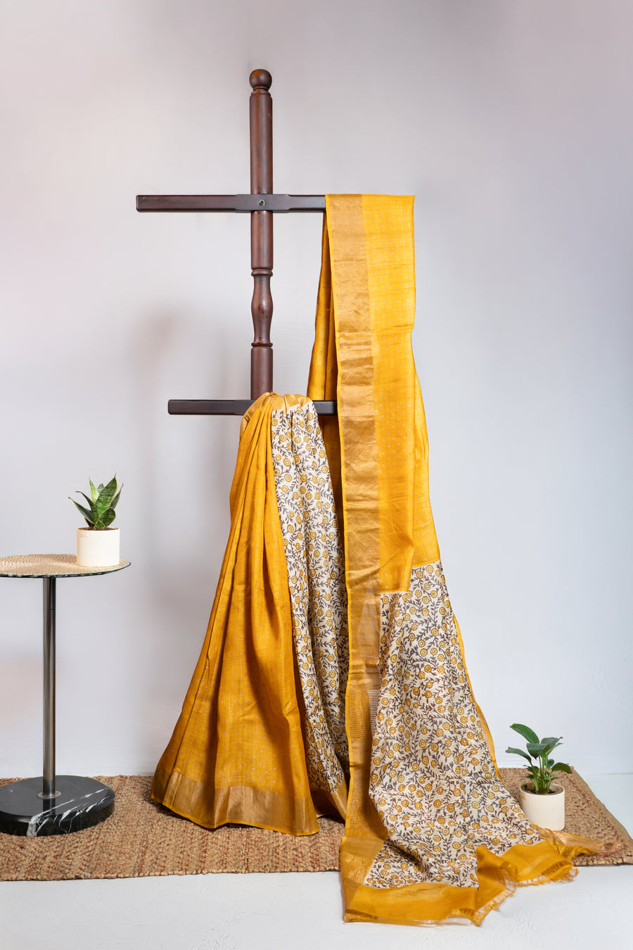 Mustard Yellow Polka Dot with Floral Printed Pallu