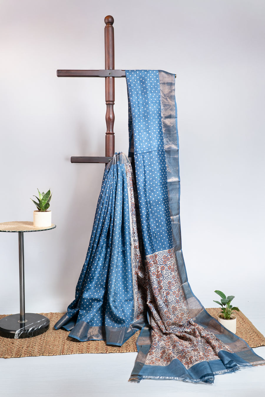 Muted steel blue Polka Dot with Floral Printed Pallu