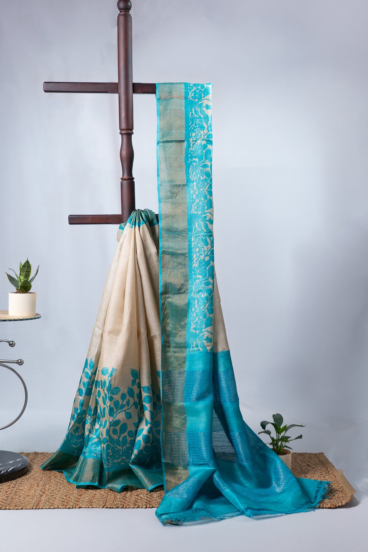 Cream and Blue Tussar Silk with Zari