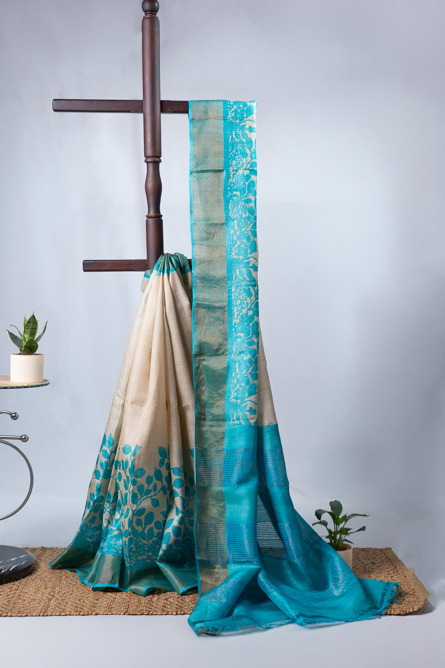 Cream and Blue Tussar Silk with Zari