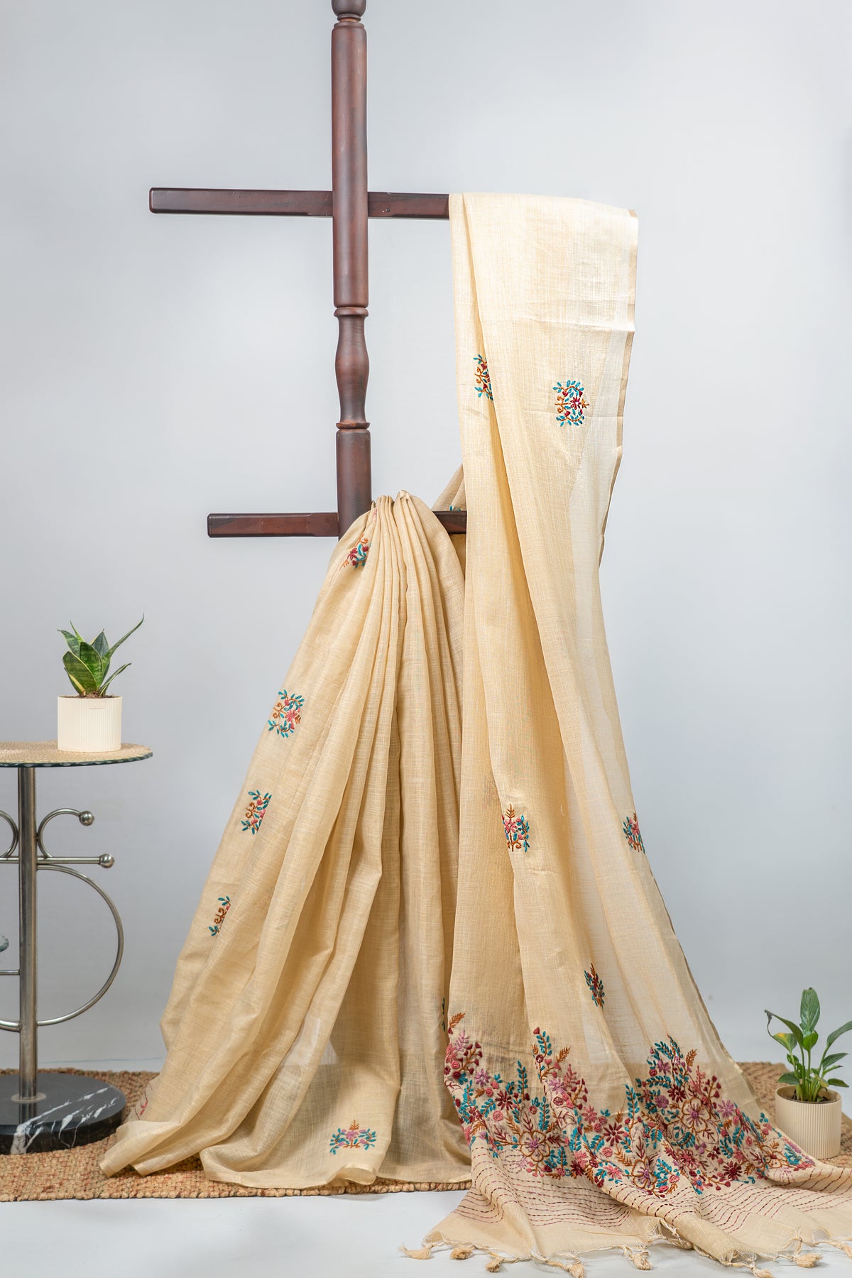 Beige Linen silk Blend with Parsi gara inspired work