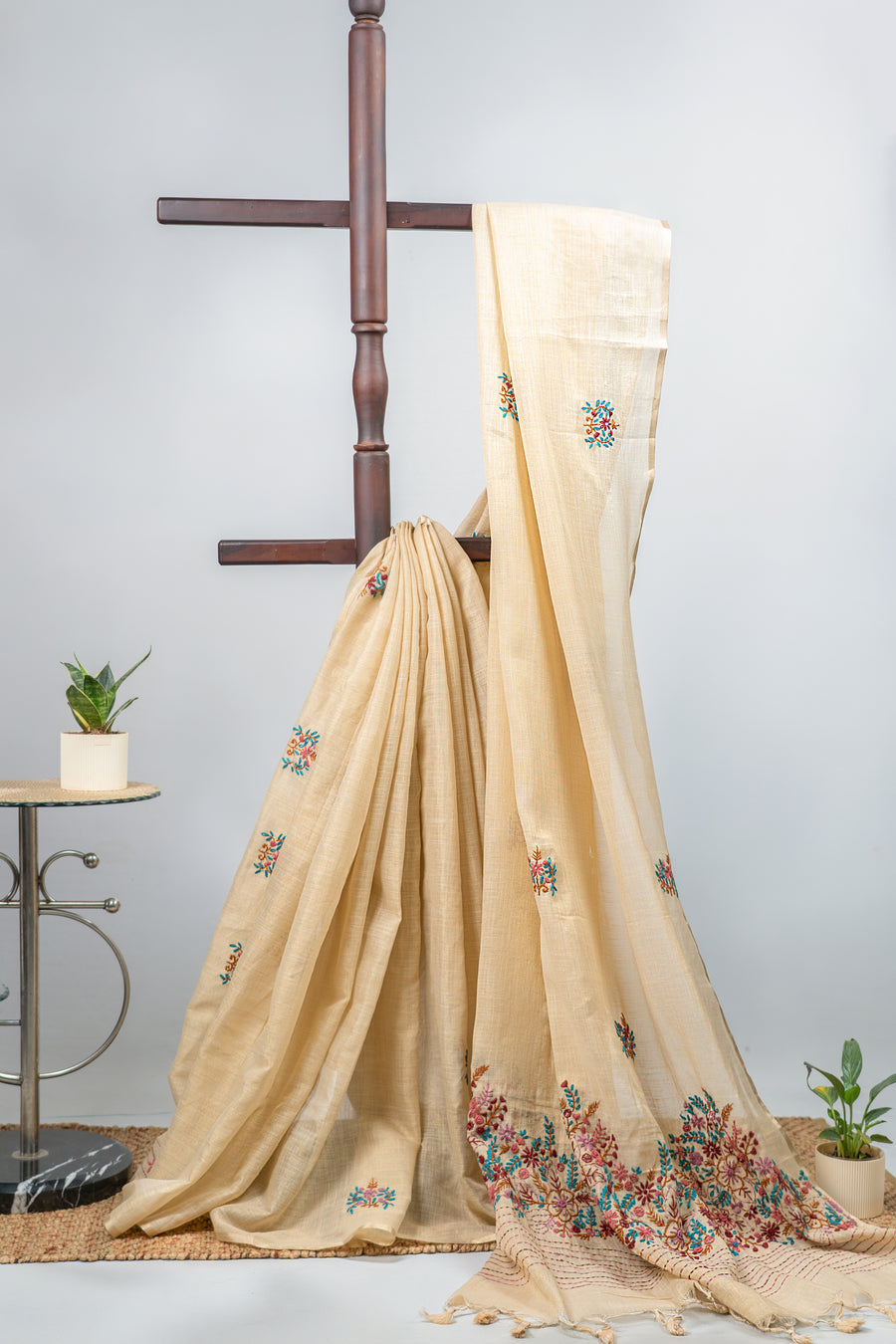 Beige Linen silk Blend with Parsi gara inspired work