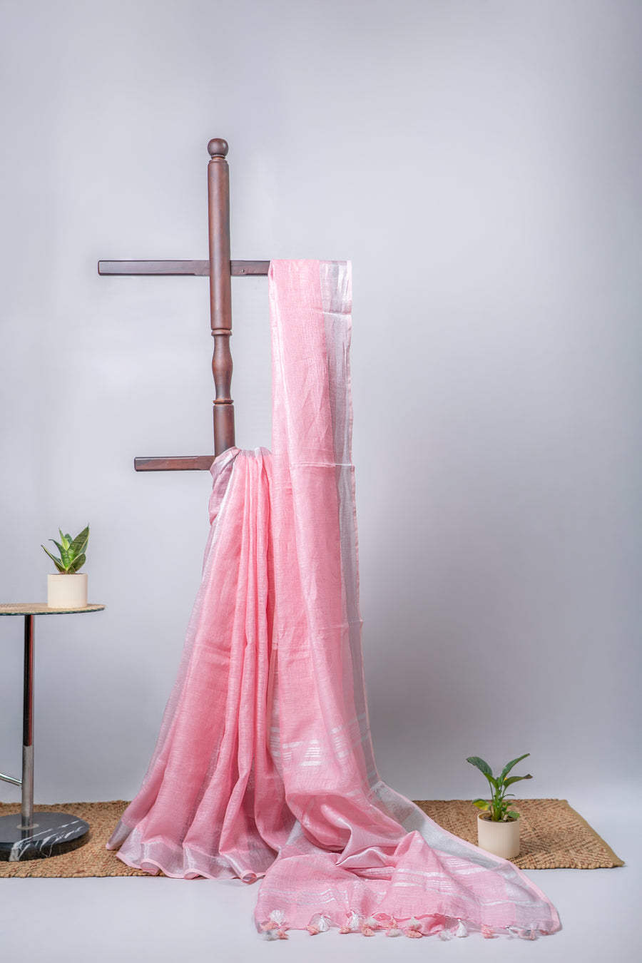 Pastel pink with silver Zari Linen